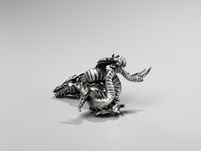 Lot 56 - A FINE SILVER AND ENAMEL OKIMONO OF A DRAGON