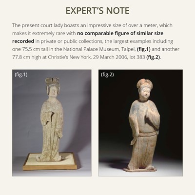 Lot 133 - A MONUMENTAL (102 CM) AND EXTREMELY RARE PAINTED POTTERY FIGURE OF A COURT LADY, TANG DYNASTY