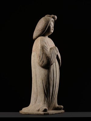 Lot 133 - A MONUMENTAL (102 CM) AND EXTREMELY RARE PAINTED POTTERY FIGURE OF A COURT LADY, TANG DYNASTY