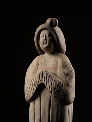Lot 133 - A MONUMENTAL (102 CM) AND EXTREMELY RARE PAINTED POTTERY FIGURE OF A COURT LADY, TANG DYNASTY