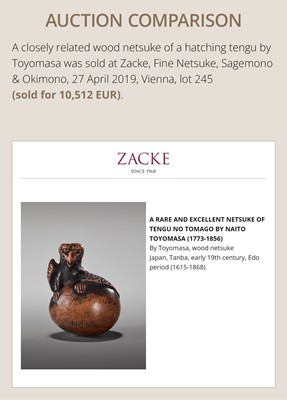 Lot 160 - SHIGEKATSU: A LARGE TANBA SCHOOL WOOD NETSUKE OF A HATCHING TENGU (TENGU NO TAMAGO)