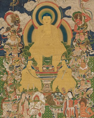 Lot 145 - A LARGE AND IMPRESSIVE BUDDHIST PAINTING OF A SHAKA TRIAD WITH THE SIXTEEN BENEVOLENT DEITIES, MUROMACHI PERIOD