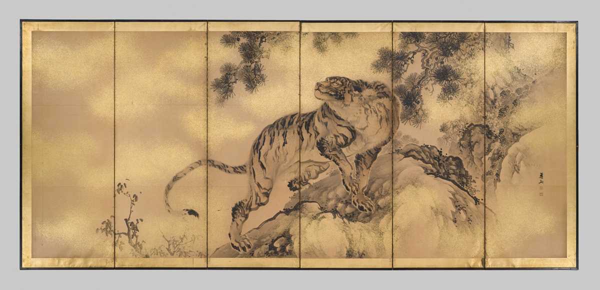 Lot 239 - KAZAN: AN IMPRESSIVE MARUYAMA SCHOOL SIX-PANEL BYOBU (FOLDING SCREEN) WITH A TIGER