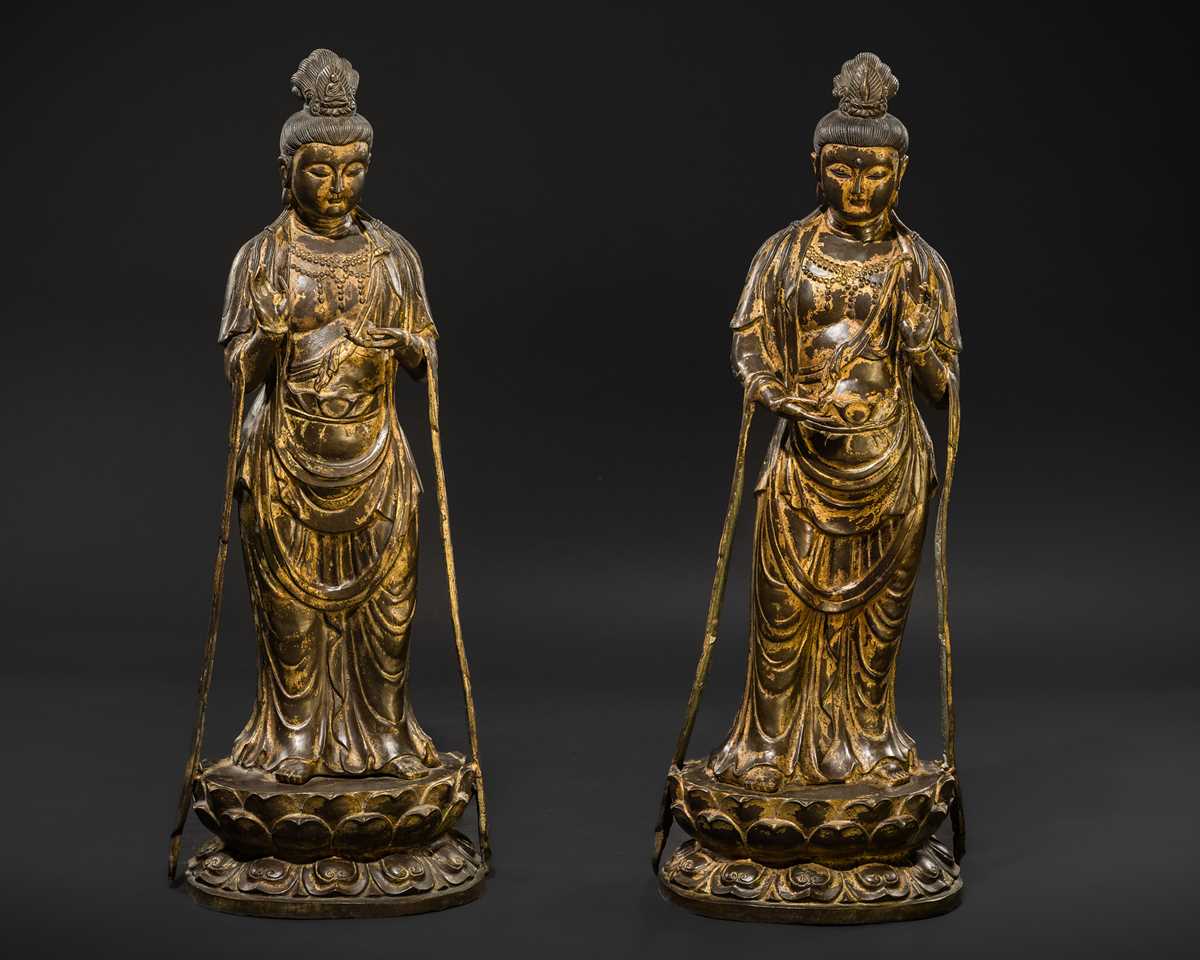 Lot 129 - A PAIR OF LARGE GILT-BRONZE FIGURES OF MAITREYA AND AVALOKITESHVARA