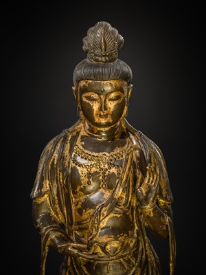 Lot 129 - A PAIR OF LARGE GILT-BRONZE FIGURES OF MAITREYA AND AVALOKITESHVARA