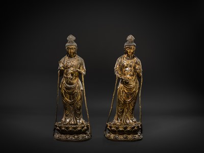 Lot 129 - A PAIR OF LARGE GILT-BRONZE FIGURES OF MAITREYA AND AVALOKITESHVARA