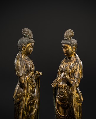 Lot 129 - A PAIR OF LARGE GILT-BRONZE FIGURES OF MAITREYA AND AVALOKITESHVARA