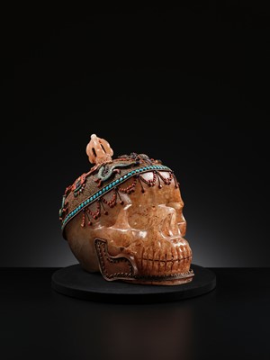 Lot 56 - A MONUMENTAL AND RARE ROCK CRYSTAL SKULL WEARING A GEMSTONE-INLAID GILT-METAL FILIGREE CROWN, 19TH TO FIRST HALF OF 20TH CENTURY