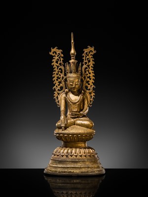 Lot 15 - A GILT-LACQUERED BRONZE FIGURE OF JAMBUPATI BUDDHA, SHAN STATES