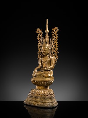 Lot 15 - A GILT-LACQUERED BRONZE FIGURE OF JAMBUPATI BUDDHA, SHAN STATES