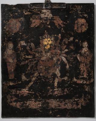 Lot 97 - A SUPERB GOLD, SILVER AND COPPER DAMASCENED IRON PLAQUE OF CHAKRASAMVARA IN UNION WITH VAJRAYOGINI, TIBET, 17TH-18TH CENTURY