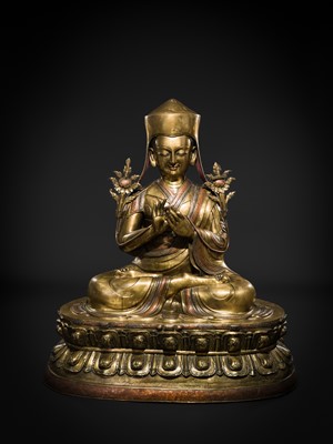 Lot 95 - A MONUMENTAL (124 CM) COPPER-INLAID GILT BRONZE FIGURE OF MANJUSHRI