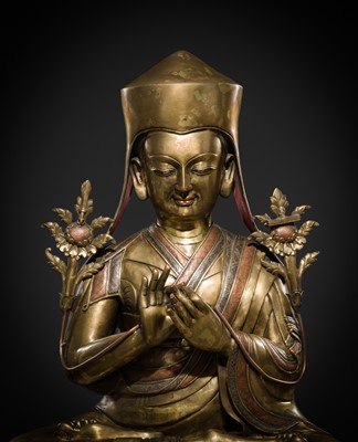 Lot 95 - A MONUMENTAL (124 CM) COPPER-INLAID GILT BRONZE FIGURE OF MANJUSHRI