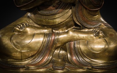 Lot 95 - A MONUMENTAL (124 CM) COPPER-INLAID GILT BRONZE FIGURE OF MANJUSHRI