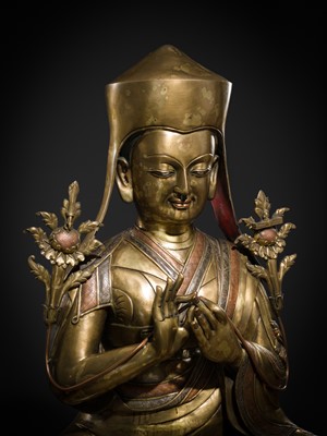 Lot 95 - A MONUMENTAL (124 CM) COPPER-INLAID GILT BRONZE FIGURE OF MANJUSHRI