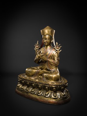 Lot 95 - A MONUMENTAL (124 CM) COPPER-INLAID GILT BRONZE FIGURE OF MANJUSHRI