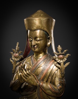 Lot 95 - A MONUMENTAL (124 CM) COPPER-INLAID GILT BRONZE FIGURE OF MANJUSHRI