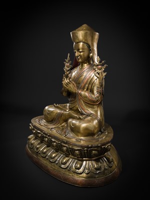 Lot 95 - A MONUMENTAL (124 CM) COPPER-INLAID GILT BRONZE FIGURE OF MANJUSHRI