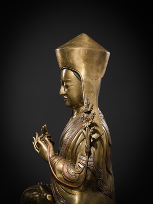 Lot 95 - A MONUMENTAL (124 CM) COPPER-INLAID GILT BRONZE FIGURE OF MANJUSHRI