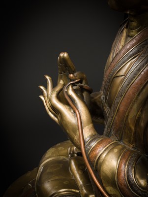 Lot 95 - A MONUMENTAL (124 CM) COPPER-INLAID GILT BRONZE FIGURE OF MANJUSHRI