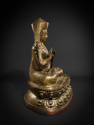 Lot 95 - A MONUMENTAL (124 CM) COPPER-INLAID GILT BRONZE FIGURE OF MANJUSHRI