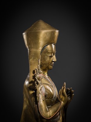 Lot 95 - A MONUMENTAL (124 CM) COPPER-INLAID GILT BRONZE FIGURE OF MANJUSHRI