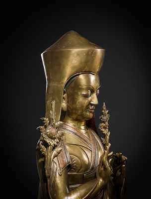 Lot 95 - A MONUMENTAL (124 CM) COPPER-INLAID GILT BRONZE FIGURE OF MANJUSHRI