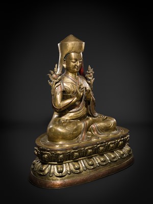 Lot 95 - A MONUMENTAL (124 CM) COPPER-INLAID GILT BRONZE FIGURE OF MANJUSHRI