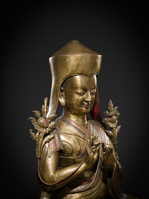 Lot 95 - A MONUMENTAL (124 CM) COPPER-INLAID GILT BRONZE FIGURE OF MANJUSHRI