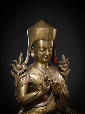 Lot 95 - A MONUMENTAL (124 CM) COPPER-INLAID GILT BRONZE FIGURE OF MANJUSHRI