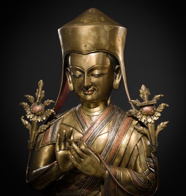 Lot 95 - A MONUMENTAL (124 CM) COPPER-INLAID GILT BRONZE FIGURE OF MANJUSHRI