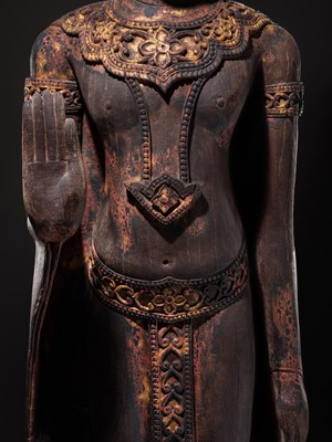 Lot 34 - A RARE AND MONUMENTAL (265 CM HIGH) GILT AND POLYCHROME WOOD FIGURE OF CROWNED BUDDHA, THAILAND, 18TH-19TH CENTURY