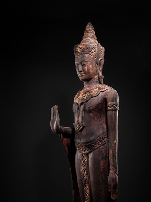 Lot 34 - A RARE AND MONUMENTAL (265 CM HIGH) GILT AND POLYCHROME WOOD FIGURE OF CROWNED BUDDHA, THAILAND, 18TH-19TH CENTURY