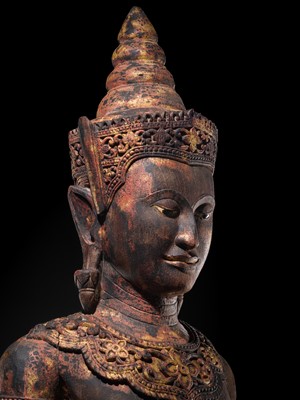 Lot 34 - A RARE AND MONUMENTAL (265 CM HIGH) GILT AND POLYCHROME WOOD FIGURE OF CROWNED BUDDHA, THAILAND, 18TH-19TH CENTURY