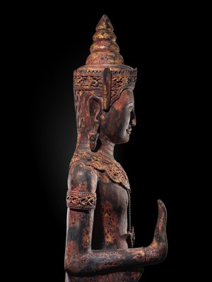 Lot 34 - A RARE AND MONUMENTAL (265 CM HIGH) GILT AND POLYCHROME WOOD FIGURE OF CROWNED BUDDHA, THAILAND, 18TH-19TH CENTURY