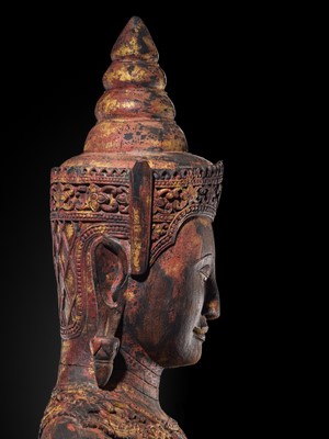 Lot 34 - A RARE AND MONUMENTAL (265 CM HIGH) GILT AND POLYCHROME WOOD FIGURE OF CROWNED BUDDHA, THAILAND, 18TH-19TH CENTURY