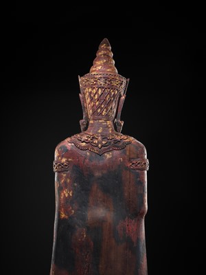 Lot 34 - A RARE AND MONUMENTAL (265 CM HIGH) GILT AND POLYCHROME WOOD FIGURE OF CROWNED BUDDHA, THAILAND, 18TH-19TH CENTURY