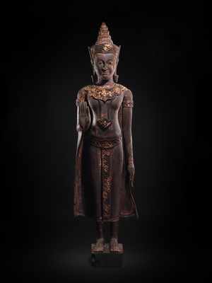 Lot 34 - A RARE AND MONUMENTAL (265 CM HIGH) GILT AND POLYCHROME WOOD FIGURE OF CROWNED BUDDHA, THAILAND, 18TH-19TH CENTURY