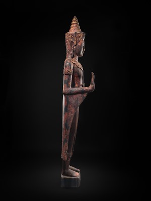 Lot 34 - A RARE AND MONUMENTAL (265 CM HIGH) GILT AND POLYCHROME WOOD FIGURE OF CROWNED BUDDHA, THAILAND, 18TH-19TH CENTURY