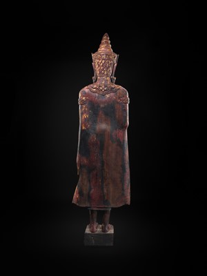 Lot 34 - A RARE AND MONUMENTAL (265 CM HIGH) GILT AND POLYCHROME WOOD FIGURE OF CROWNED BUDDHA, THAILAND, 18TH-19TH CENTURY