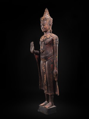 Lot 34 - A RARE AND MONUMENTAL (265 CM HIGH) GILT AND POLYCHROME WOOD FIGURE OF CROWNED BUDDHA, THAILAND, 18TH-19TH CENTURY