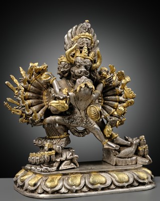 Lot 89 - A PARCEL GILT SILVER FIGURE OF YAMANTAKA AND CONSORT, TIBET, 18TH-19TH CENTURY