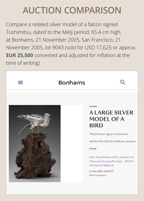 Lot 54 - GYOKKO: AN IMPRESSIVE AND LARGE SILVERED BRONZE OKIMONO OF A GOSHAWK
