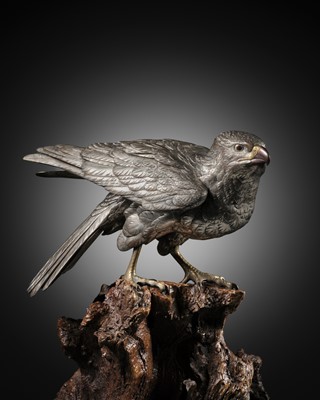 Lot 54 - GYOKKO: AN IMPRESSIVE AND LARGE SILVERED BRONZE OKIMONO OF A GOSHAWK