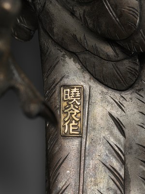 Lot 54 - GYOKKO: AN IMPRESSIVE AND LARGE SILVERED BRONZE OKIMONO OF A GOSHAWK