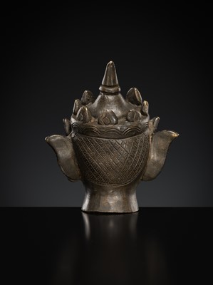 Lot 145 - A SMALL BRONZE HEAD OF CROWNED JAMBHUPATI BUDDHA, ARAKAN STYLE, 18TH-19TH CENTURY OR EARLIER