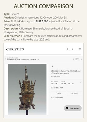 Lot 145 - A SMALL BRONZE HEAD OF CROWNED JAMBHUPATI BUDDHA, ARAKAN STYLE, 18TH-19TH CENTURY OR EARLIER