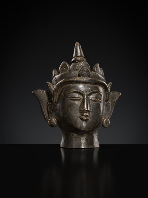 Lot 145 - A SMALL BRONZE HEAD OF CROWNED JAMBHUPATI BUDDHA, ARAKAN STYLE, 18TH-19TH CENTURY OR EARLIER