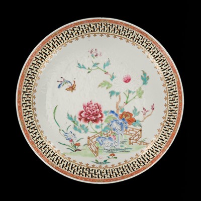 Lot 575 - A ‘SPOTTED BAMBOO’ FAMILLE ROSE RETICULATED SAUCER DISH, QIANLONG PERIOD