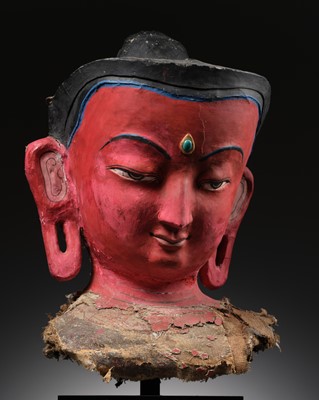 Lot 33 - A LARGE AND EXCEPTIONAL PROCESSIONAL HEAD OF DIPANKARA BUDDHA, SAMYAK DAN, NEPAL, CIRCA 16TH-18TH CENTURY